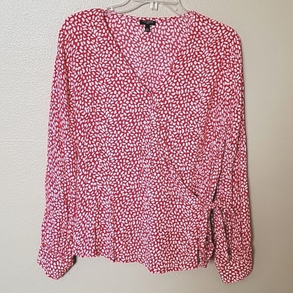 Talbots Red White Faux Wrap Leopard Print Blouse - Size Large Petite